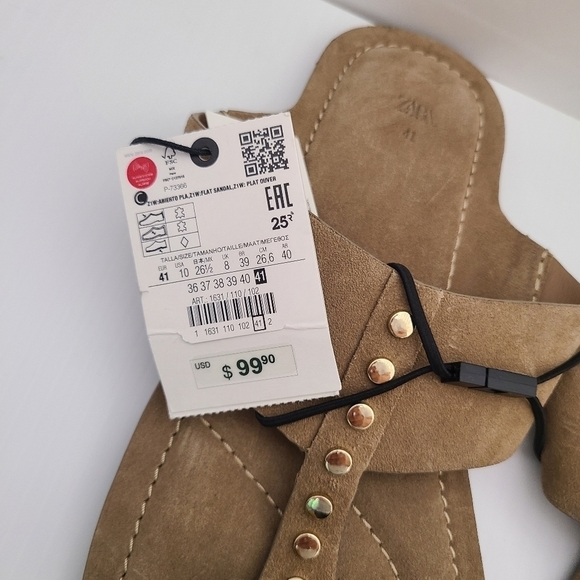 ZARA FLAT SPLIT SUEDE SLIDER SANDALS WITH STUDS Beige SIZE 10 | 1631/110/102 - Picture 6 of 9